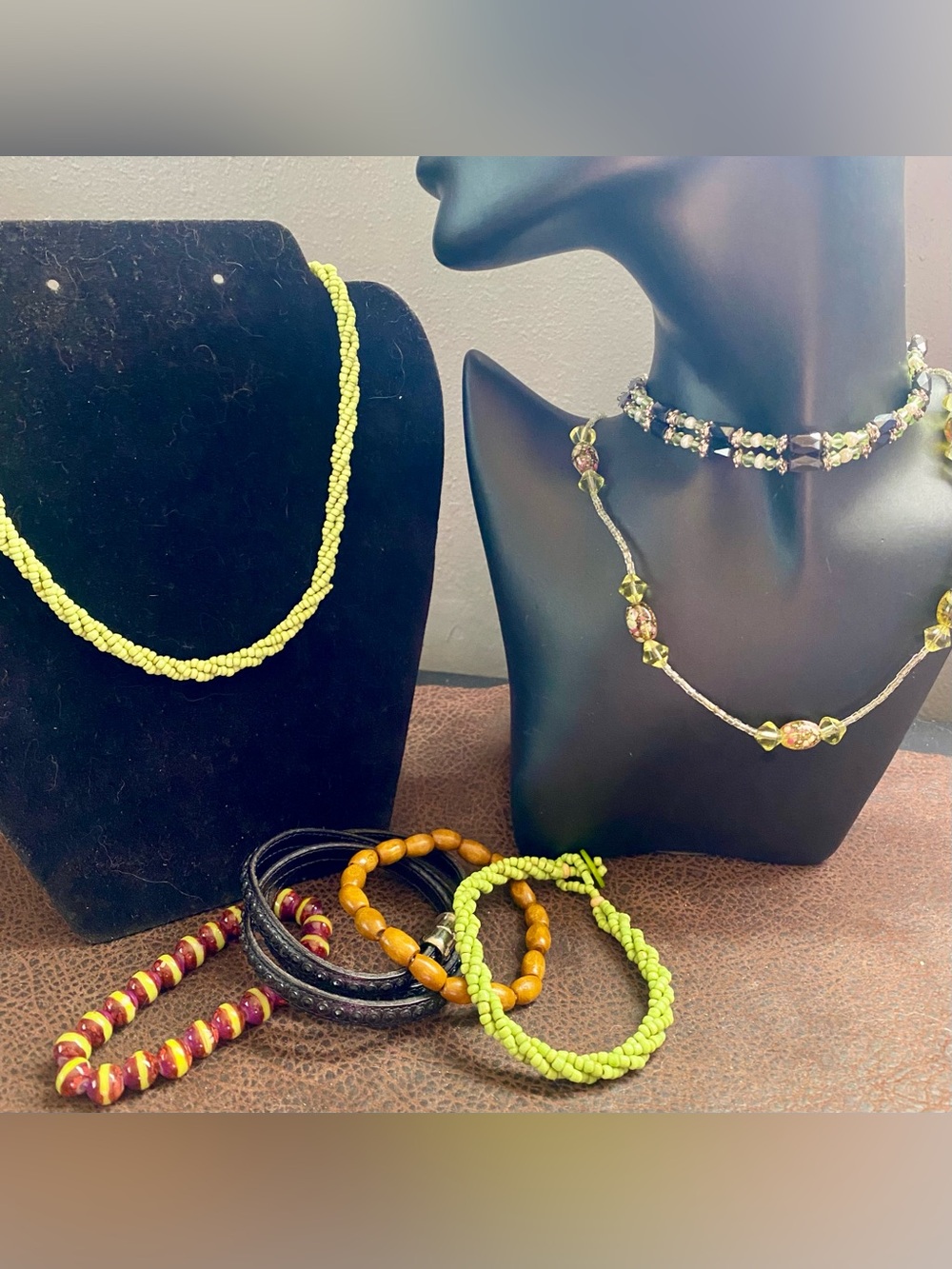 Handmade Lime Green Seed Bead Necklace & Glass Beaded Necklace & Bracelets Set
